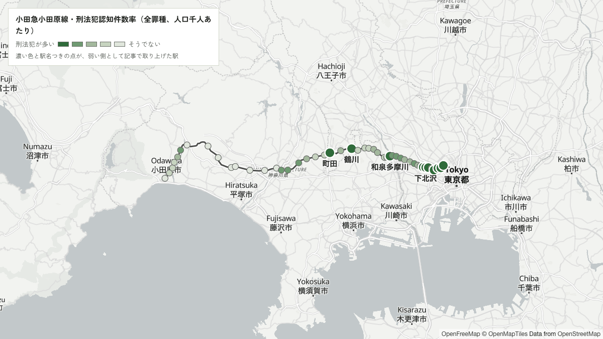 小田急小田原線の駅を刑法犯認知件数率(全罪種、人口千人あたり)で色分けした地図