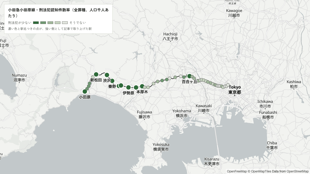 小田急小田原線の駅を刑法犯認知件数率(全罪種、人口千人あたり)で色分けした地図
