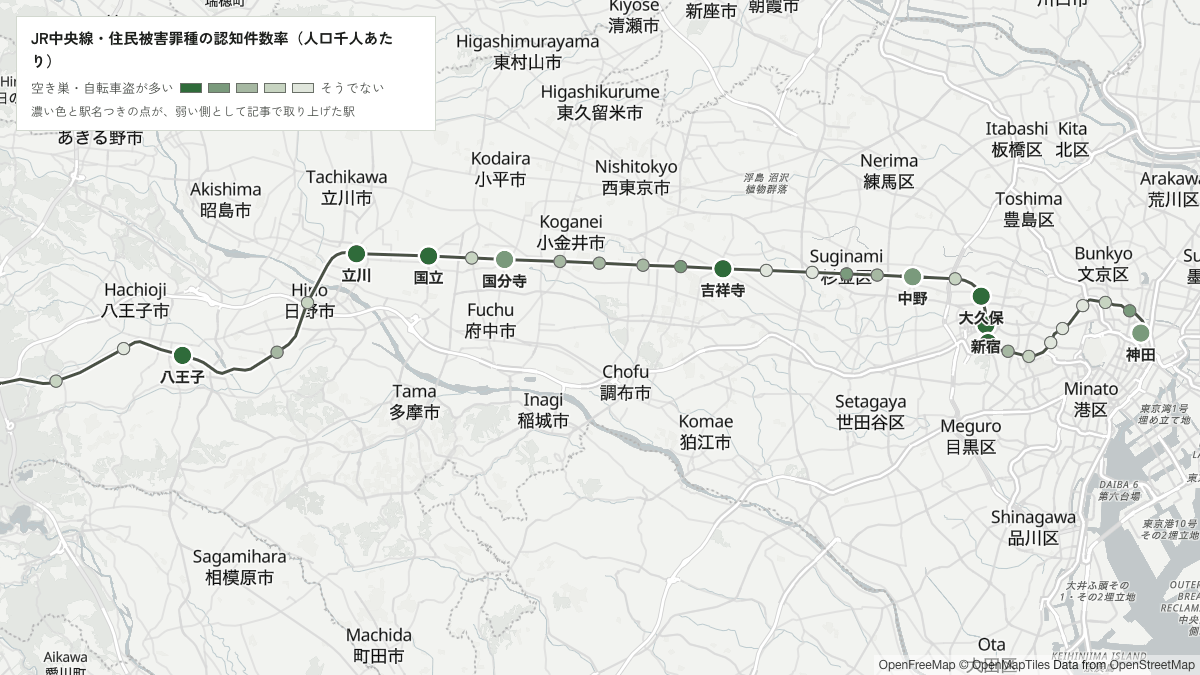 JR中央線の駅を住民被害罪種の認知件数率(人口千人あたり)で色分けした地図