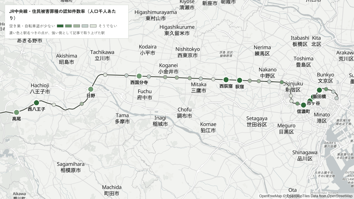 JR中央線の駅を住民被害罪種の認知件数率(人口千人あたり)で色分けした地図
