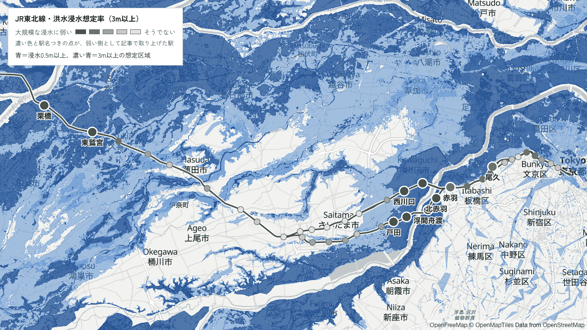 JR東北線の青=浸水0.5m以上、濃い青=3m以上の想定区域と駅を重ねた地図