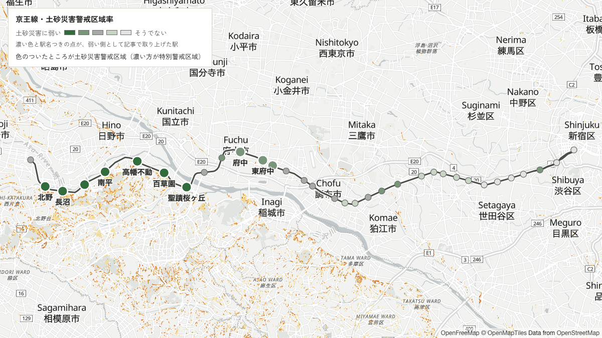 京王線の色のついたところが土砂災害警戒区域(濃い方が特別警戒区域)と駅を重ねた地図