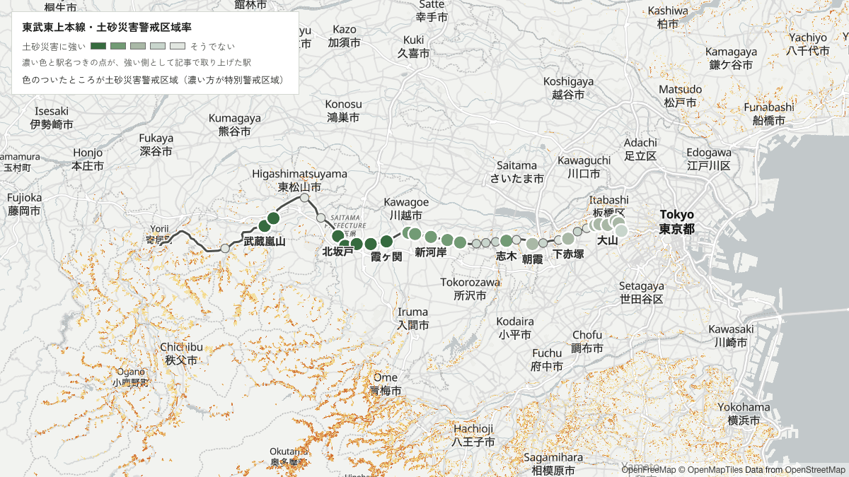 東武東上本線の色のついたところが土砂災害警戒区域(濃い方が特別警戒区域)と駅を重ねた地図