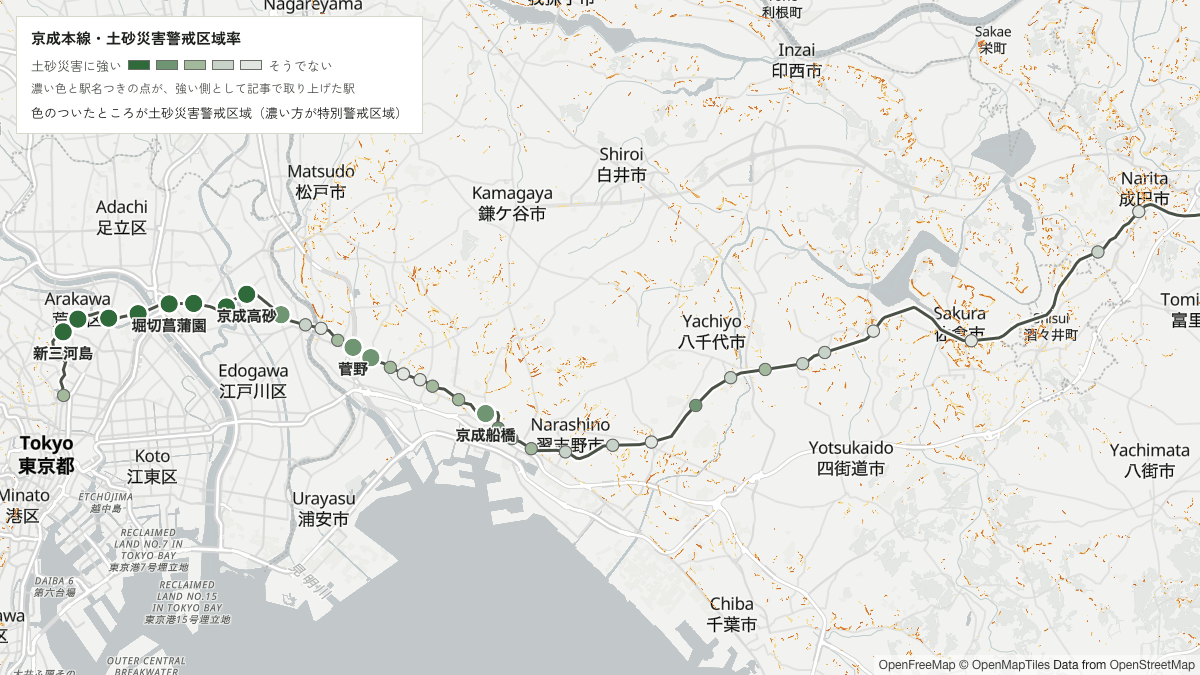 京成本線の色のついたところが土砂災害警戒区域(濃い方が特別警戒区域)と駅を重ねた地図