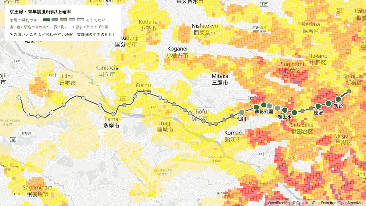 京王線の色の濃いところほど揺れやすい地盤(首都圏の中での相対)と駅を重ねた地図