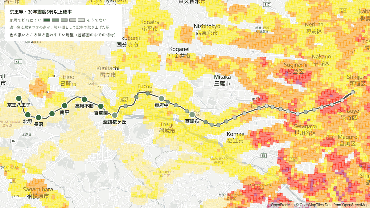 京王線の色の濃いところほど揺れやすい地盤(首都圏の中での相対)と駅を重ねた地図