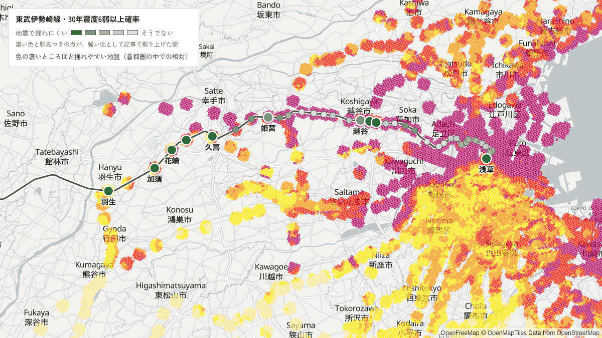 東武伊勢崎線の色の濃いところほど揺れやすい地盤(首都圏の中での相対)と駅を重ねた地図