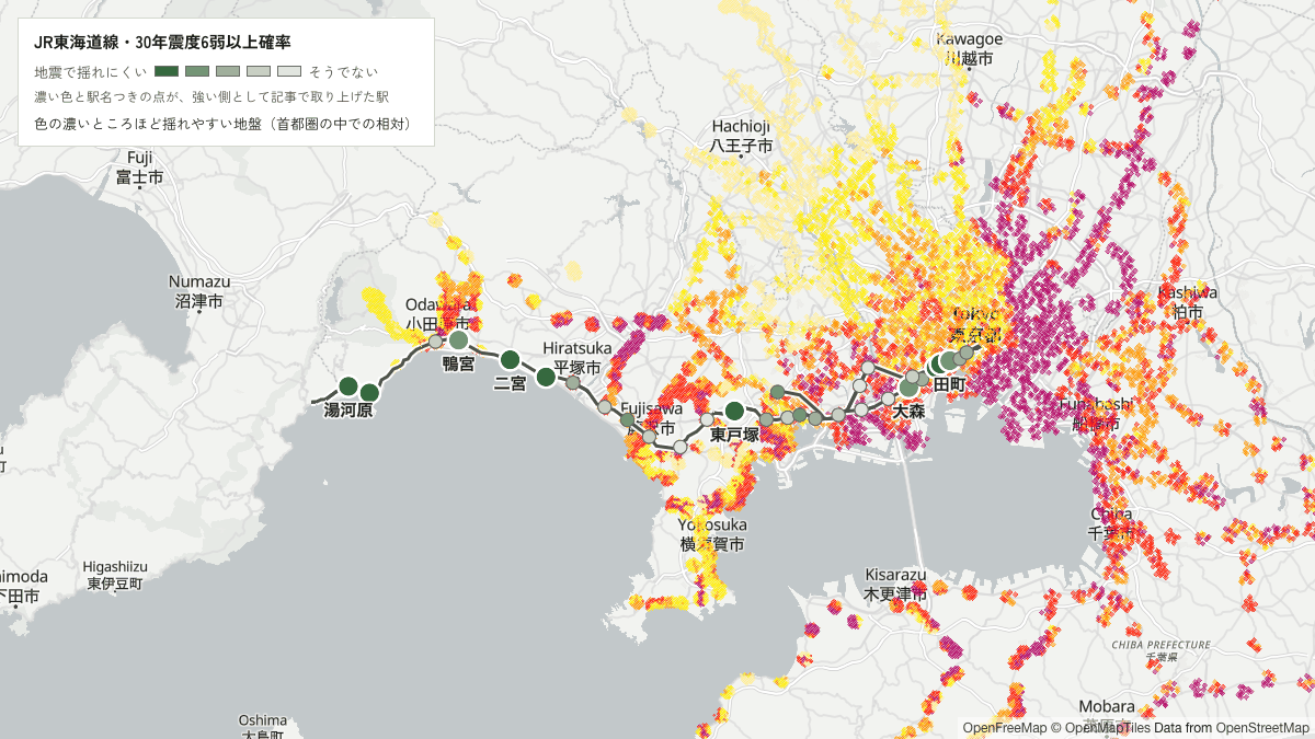 JR東海道線の色の濃いところほど揺れやすい地盤(首都圏の中での相対)と駅を重ねた地図
